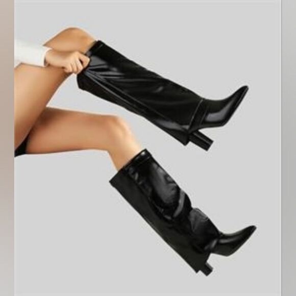 Ankis Shoes - Ankis Fold Over Knee High Vegan Leather Heeled Boots 7.5